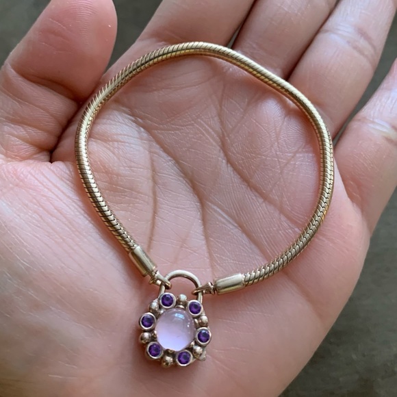 Retired Rare Pandora Carrier Gold Heraldic Snake Chain Amethyst Padlock Bracelet - Picture 4 of 11